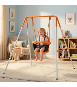 Columpio para Bebés Columpio Jardín Exterior de Acero con Respaldo Cinturón de Seguridad Carga 25 kg Naranja