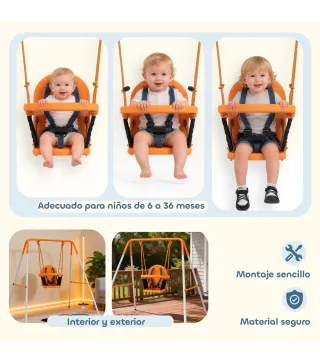 Columpio para Bebés Columpio Jardín Exterior de Acero con Respaldo Cinturón de Seguridad Carga 25 kg Naranja