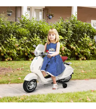 Moto de Batería Autorizada de VESPA con Faros Música 2 Ruedas Auxiliares 108x49x75 cm Blanco