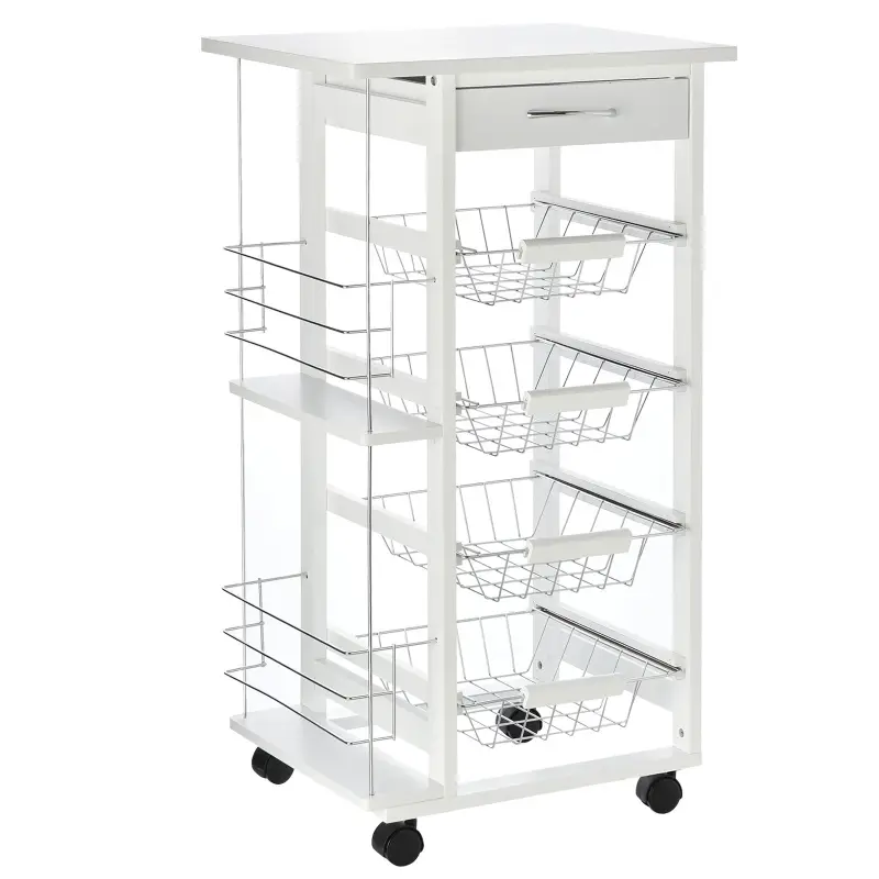 Carrito de Cocina con Ruedas Carro Multiusos con Cajón 4 Cestas Extraíbles de Metal y Bastidores 47x37x83 cm Blanco