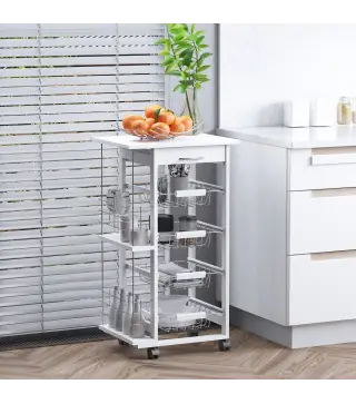 Carrito de Cocina con Ruedas Carro Multiusos con Cajón 4 Cestas Extraíbles de Metal y Bastidores 47x37x83 cm Blanco
