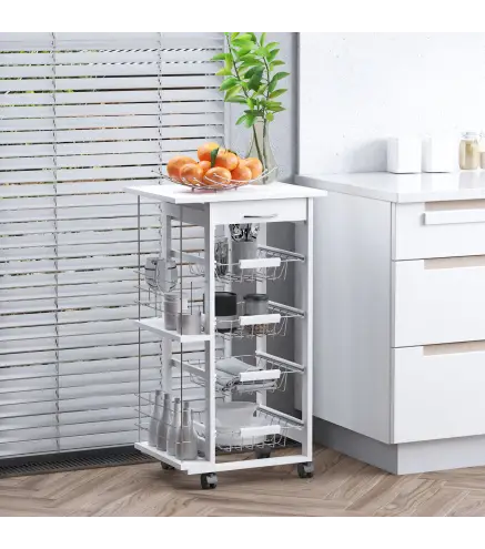 Carrito de Cocina con Ruedas Carro Multiusos con Cajón 4 Cestas Extraíbles de Metal y Bastidores 47x37x83 cm Blanco
