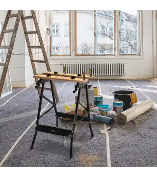 Banco de Trabajo Plegable, 4 en 1, Mesa de Trabajo con 4 Abrazaderas Ajustables, 2 Manivelas, 2 Paneles de MDF, para Garaje y Ta