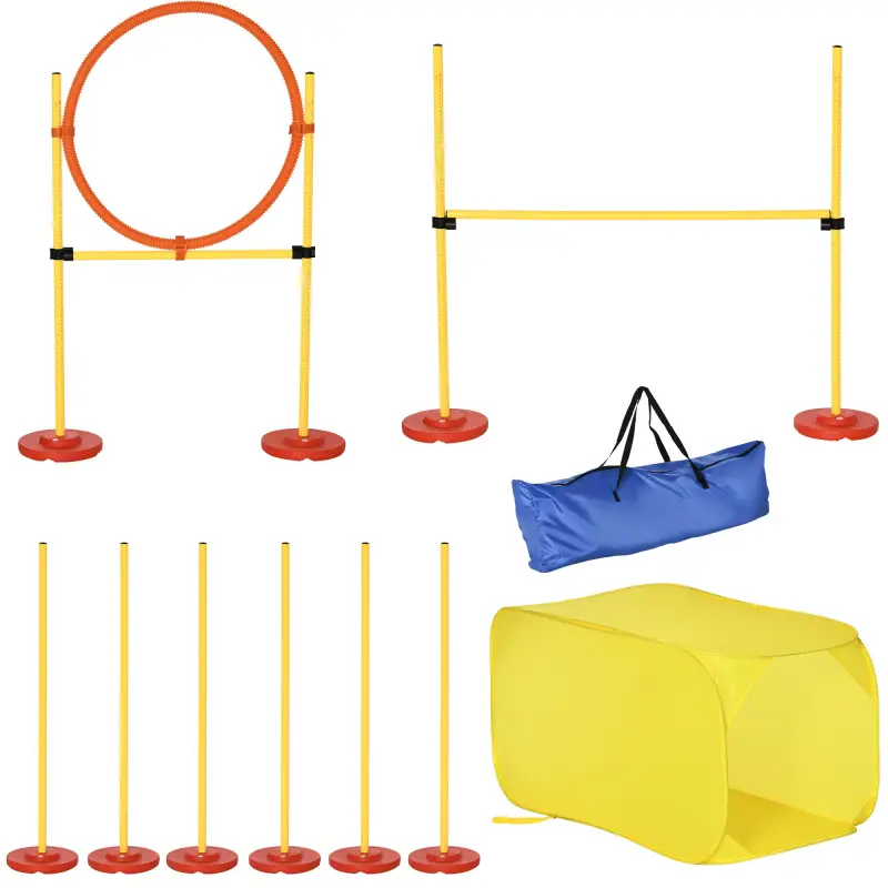 Conjunto 4 Obstáculos de Entrenamiento para Perro Set de Agilidad para Mascotas Estable Altura Ajustable de Aro con Túnel Postes