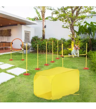 Conjunto 4 Obstáculos de Entrenamiento para Perro Set de Agilidad para Mascotas Estable Altura Ajustable de Aro con Túnel Postes