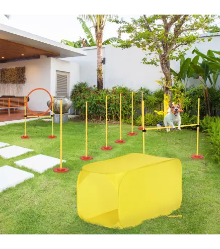 Conjunto 4 Obstáculos de Entrenamiento para Perro Set de Agilidad para Mascotas Estable Altura Ajustable de Aro con Túnel Postes