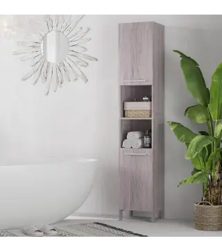 Columna de Baño Mueble Alto y Estrecho con Estantes Abiertos y 2 Armarios 30x32x172,5 cm Madera Grisácea