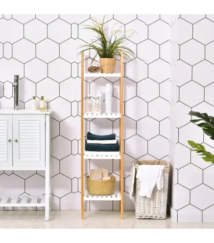 Estantería Escalera de Bambú de 4 Niveles Mueble de Almacenaje Multifuncional para Baño Salón Cocina 35x36x138,5 cm Blanco y Nat