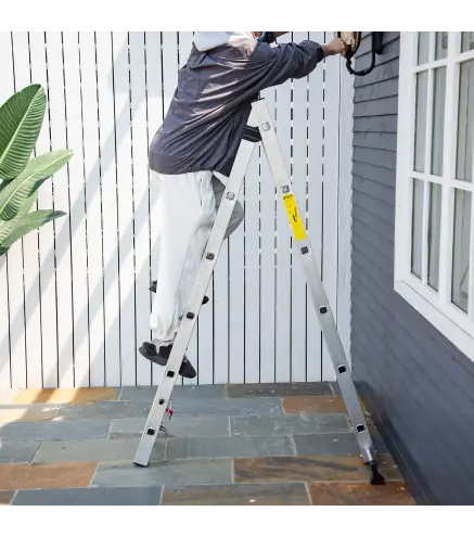 Escalera Aluminio Triangular de Tijera Plegable Portátil 2 Formas de Uso Pie Antideslizante Altura 160-249 cm Plata