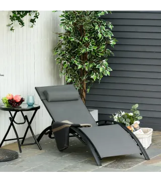 Tumbona Reclinable de Aluminio con Respaldo Ajustable en 5 Posiciones y Reposacabezas Extraíble Acolchado Texteline para Jardín