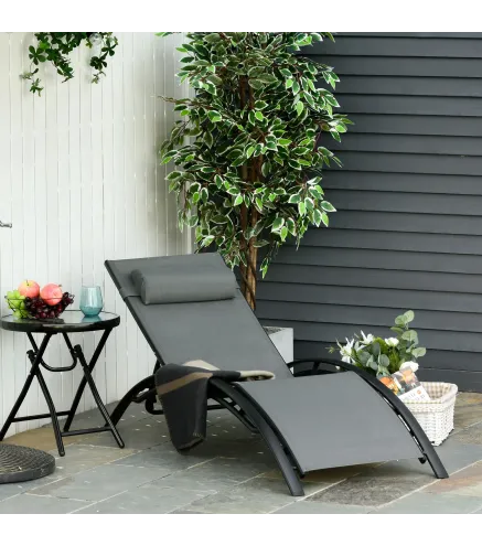 Tumbona Reclinable de Aluminio con Respaldo Ajustable en 5 Posiciones y Reposacabezas Extraíble Acolchado Texteline para Jardín