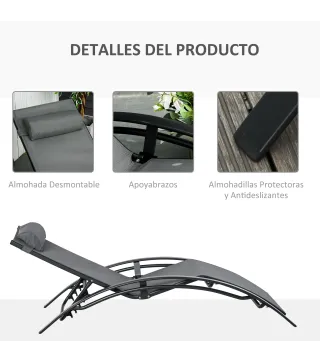 Tumbona Reclinable de Aluminio con Respaldo Ajustable en 5 Posiciones y Reposacabezas Extraíble Acolchado Textelino