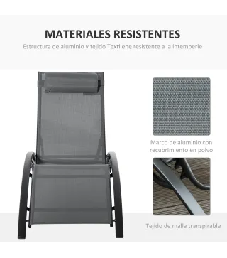 Tumbona Reclinable de Aluminio con Respaldo Ajustable en 5 Posiciones y Reposacabezas Extraíble Acolchado Textelino