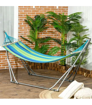 Hamaca con Soporte Plegable 2 en 1 Tendedero con Barra Estructura de Acero para Jardín 270x100x94 cm Azul y Verde