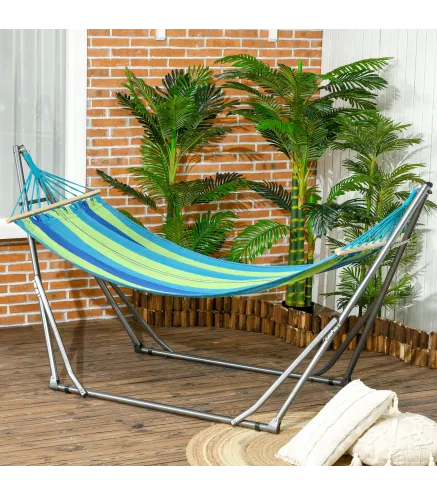 Hamaca con Soporte Plegable 2 en 1 Tendedero con Barra Estructura de Acero para Jardín 270x100x94 cm Azul y Verde
