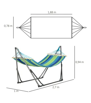 Hamaca con Soporte Plegable 2 en 1 Tendedero con Barra Estructura de Acero para Jardín 270x100x94 cm Azul y Verde
