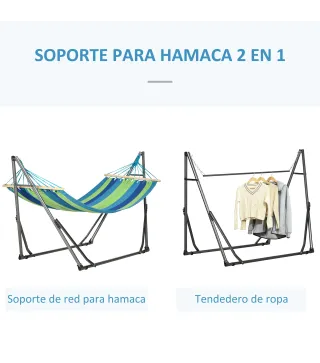 Hamaca con Soporte Plegable 2 en 1 Tendedero con Barra Estructura de Acero para Jardín 270x100x94 cm Azul y Verde