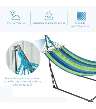 Hamaca con Soporte Plegable 2 en 1 Tendedero con Barra Estructura de Acero para Jardín 270x100x94 cm Azul y Verde