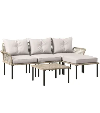 Conjunto de Jardín de Ratán Sintético con Sofá de Exterior de 4 Módulos y 1 Mesa de Centro y Cojines Crema