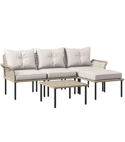 Conjunto de Jardín de Ratán Sintético con Sofá de Exterior de 4 Módulos y 1 Mesa de Centro y Cojines Crema