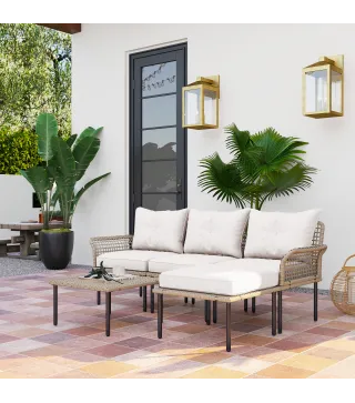 Conjunto de Jardín de Ratán Sintético con Sofá de Exterior de 4 Módulos y 1 Mesa de Centro y Cojines Crema