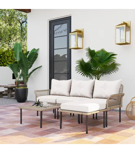 Conjunto de Jardín de Ratán Sintético con Sofá de Exterior de 4 Módulos y 1 Mesa de Centro y Cojines Crema