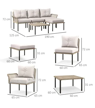 Conjunto de Jardín de Ratán Sintético con Sofá de Exterior de 4 Módulos y 1 Mesa de Centro y Cojines Crema