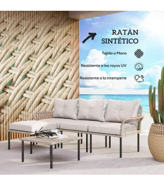 Conjunto de Jardín de Ratán Sintético con Sofá de Exterior de 4 Módulos y 1 Mesa de Centro y Cojines Crema