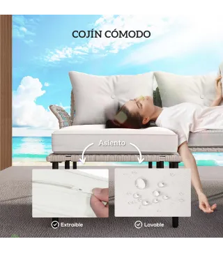 Conjunto de Jardín de Ratán Sintético con Sofá de Exterior de 4 Módulos y 1 Mesa de Centro y Cojines Crema