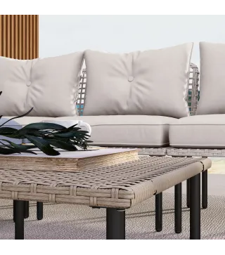 Conjunto de Jardín de Ratán Sintético con Sofá de Exterior de 4 Módulos y 1 Mesa de Centro y Cojines Crema