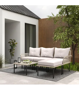 Conjunto de Jardín de Ratán Sintético con Sofá de Exterior de 4 Módulos y 1 Mesa de Centro y Cojines Crema