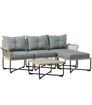 Conjunto de Jardín de Ratán Sintético con Sofá de Exterior de 4 Módulos y 1 Mesa de Centro y Cojines Gris