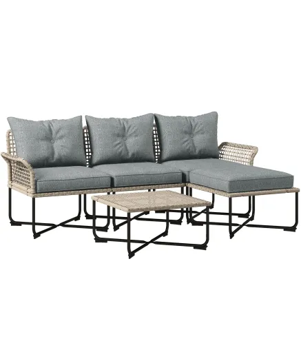 Conjunto de Jardín de Ratán Sintético con Sofá de Exterior de 4 Módulos y 1 Mesa de Centro y Cojines Gris