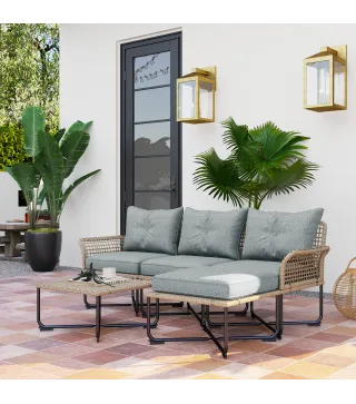 Conjunto de Jardín de Ratán Sintético con Sofá de Exterior de 4 Módulos y 1 Mesa de Centro y Cojines Gris