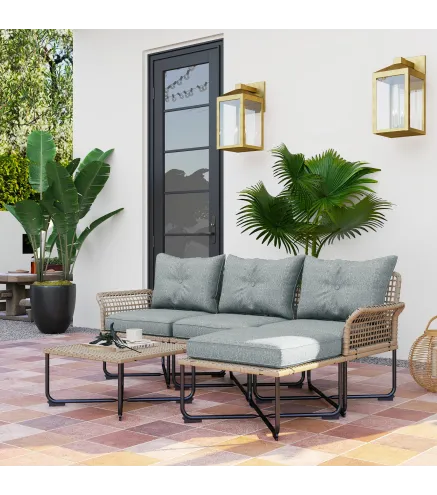 Conjunto de Jardín de Ratán Sintético con Sofá de Exterior de 4 Módulos y 1 Mesa de Centro y Cojines Gris