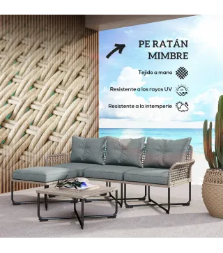 Conjunto de Jardín de Ratán Sintético con Sofá de Exterior de 4 Módulos y 1 Mesa de Centro y Cojines Gris