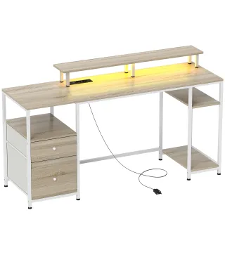 Mesa de Escritorio con Luces LED Cajones Tomas de Corriente Puertos USB y Soporte para Monitor 155,5x48x88,5 cm Natural