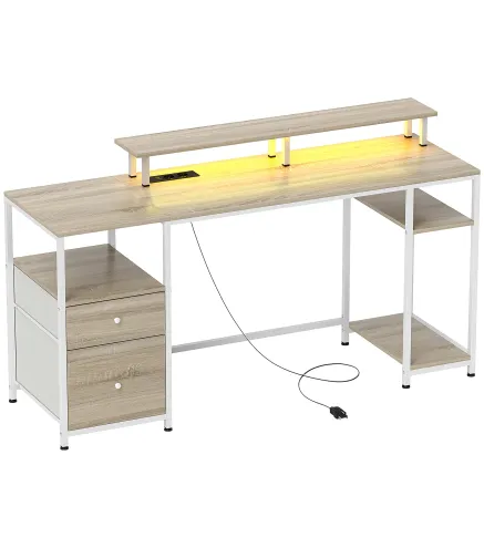 Mesa de Escritorio con Luces LED Cajones Tomas de Corriente Puertos USB y Soporte para Monitor 155,5x48x88,5 cm Natural