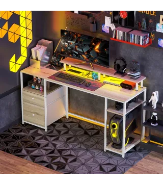 Mesa de Escritorio con Luces LED Cajones Tomas de Corriente Puertos USB y Soporte para Monitor 155,5x48x88,5 cm Natural