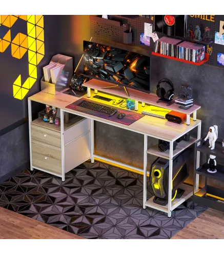 Mesa de Escritorio con Luces LED Cajones Tomas de Corriente Puertos USB y Soporte para Monitor 155,5x48x88,5 cm Natural