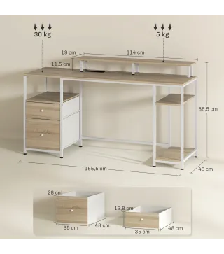 Mesa de Escritorio con Luces LED Cajones Tomas de Corriente Puertos USB y Soporte para Monitor 155,5x48x88,5 cm Natural