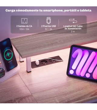 Mesa de Escritorio con Luces LED Cajones Tomas de Corriente Puertos USB y Soporte para Monitor 155,5x48x88,5 cm Natural