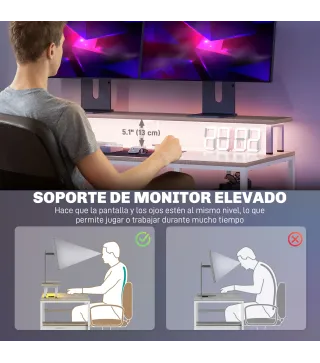 Mesa de Escritorio con Luces LED Cajones Tomas de Corriente Puertos USB y Soporte para Monitor 155,5x48x88,5 cm Natural