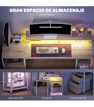 Mesa de Escritorio con Luces LED Cajones Tomas de Corriente Puertos USB y Soporte para Monitor 155,5x48x88,5 cm Natural