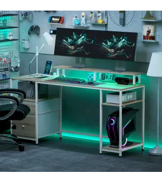 Mesa de Escritorio con Luces LED Cajones Tomas de Corriente Puertos USB y Soporte para Monitor 155,5x48x88,5 cm Natural