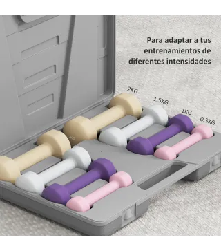 Juego de Mancuernas de 8 Piezas 2x0,5 kg 2x1 kg 2x1,5 kg 2x2 kg Antideslizantes y Estuche de Transporte Multicolor