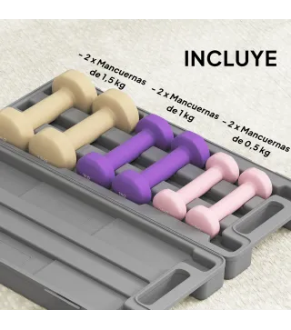 Juego de 6 Mancuernas Hexagonales de 1,5kg 1kg y 0,5kg con Revestimiento de PU con Maletín 43x18x7,5 cm Multicolor