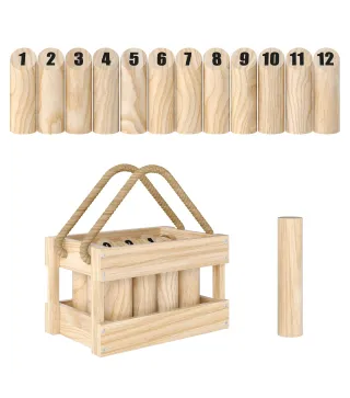 Juego de Bolos Finlandeses de Madera con 12 Bolos 1 Palo y Caja de Transporte para Adultos Jardín Natural