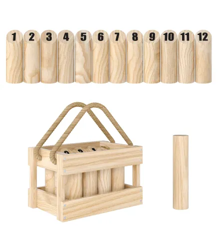 Juego de Bolos Finlandeses de Madera con 12 Bolos 1 Palo y Caja de Transporte para Adultos Jardín Natural