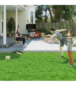 Juego de Bolos Finlandeses de Madera con 12 Bolos 1 Palo y Caja de Transporte para Adultos Jardín Natural